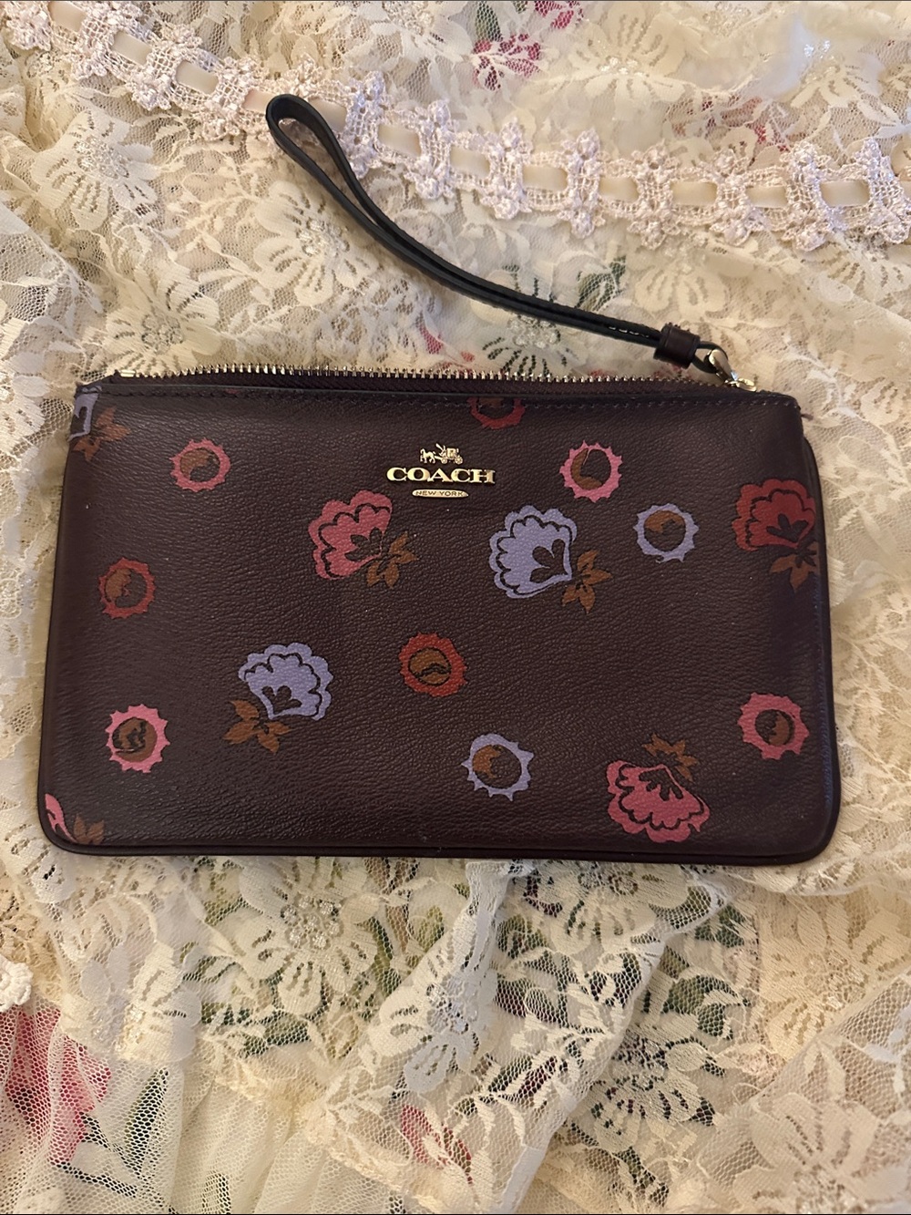 Coach Floral Print Wristlet Pouch in brown